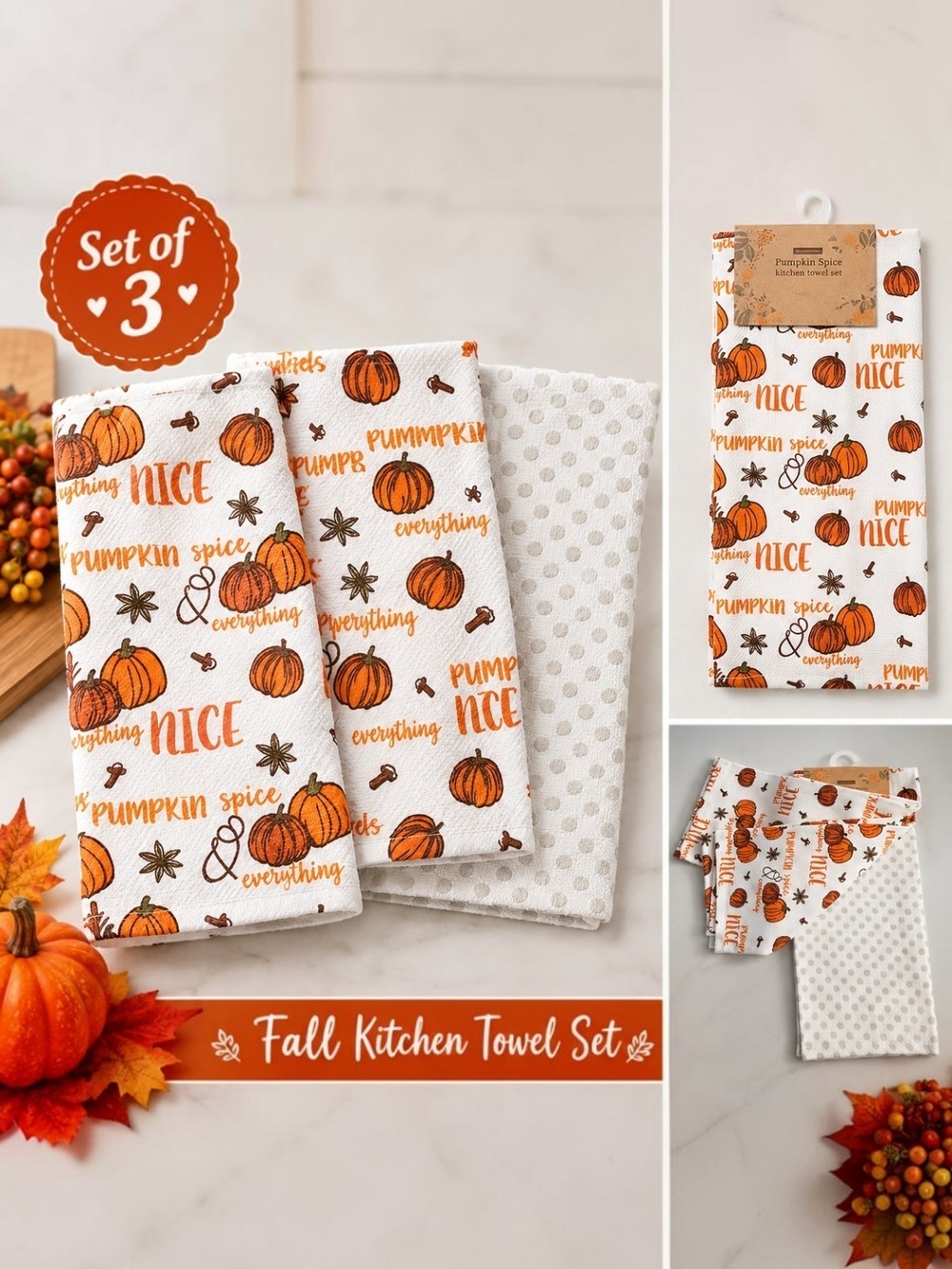 Fall "Pumpkin Spice & Everything Nice" 3pc Kitchen Towel Set
